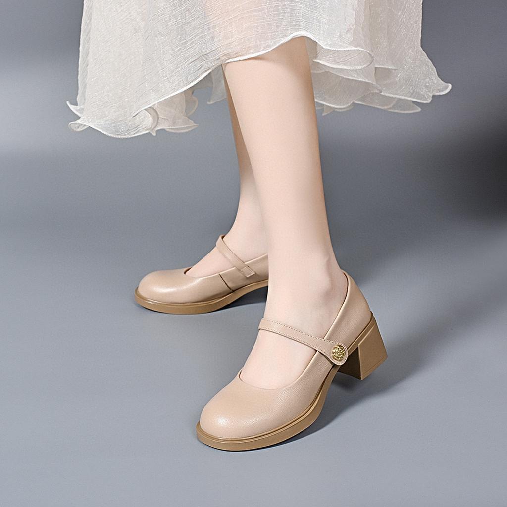 Round Head Mary Jane Shoes Women's Spring and Summer New Light Mouth One-word Thick Heel Single Shoes Four Seasons College Style High Heels