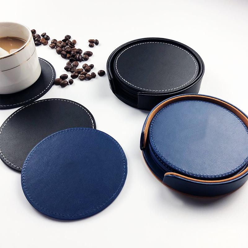 Custom PU Leather Tea Coasters with Hand-Sewn Edges and Insulation Pad, Featuring Your Enterprise Logo.