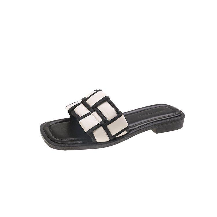 Black and White Plaid Slippers Women's Outer Wear 2024 Summer New Korean Version One-word Drag Flat Beach Shoes Sandals Women's Shoes