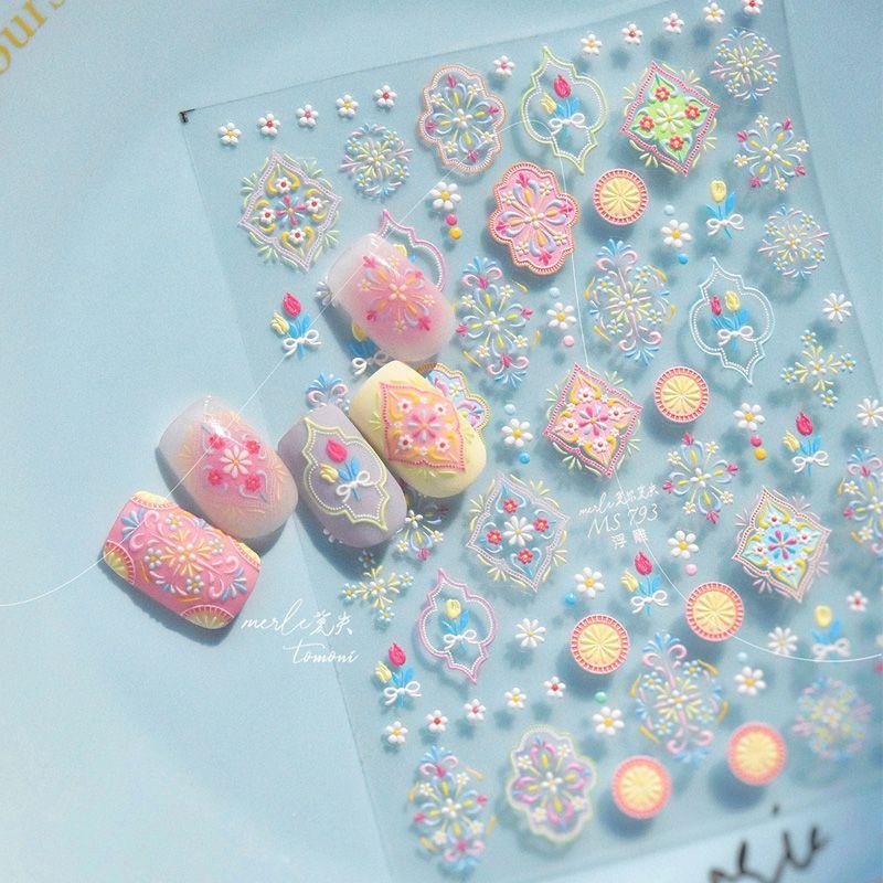 

5D Relief Nail Stickers Paper Net Red Nail Decals Bohemia Flower Bow Tie Sticker MS-793 relief