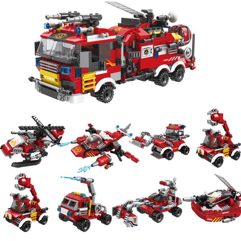 LEGO-Compatible Fire Engine & Firefighter Minifigure Set - 8 Model DIY Assembly for Kids