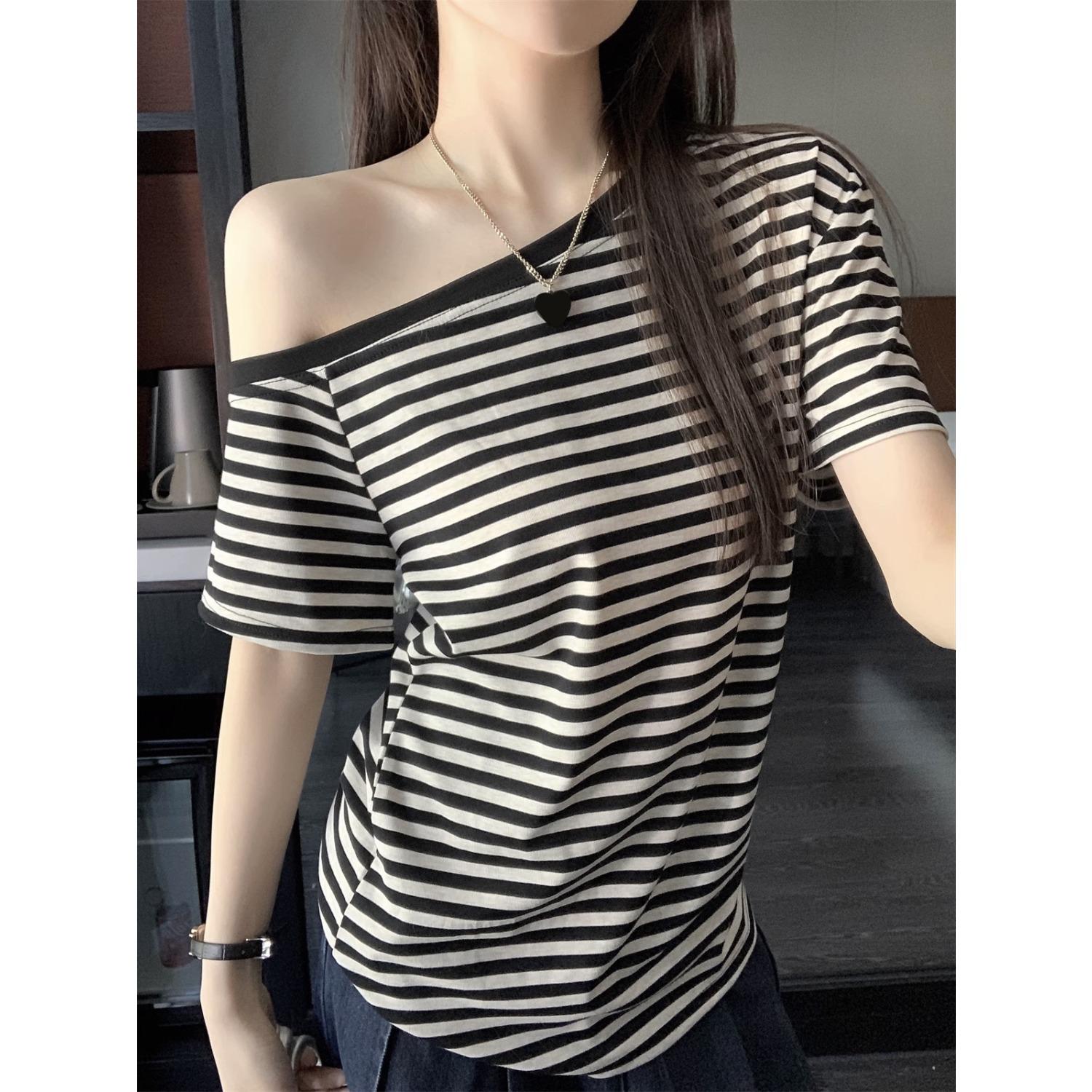 Women s Off Shoulder Short Sleeve T Shirts Loose Fit Striped Casual Summer Tops S