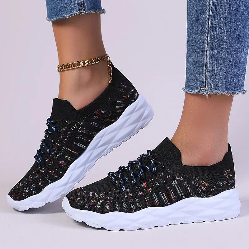 Fashion Mixed Color Knitted Platform Sneakers Women Spring Summer Casual Thick Sole Sports Shoes Woman Lace Up Non Slip Walking Shoes
