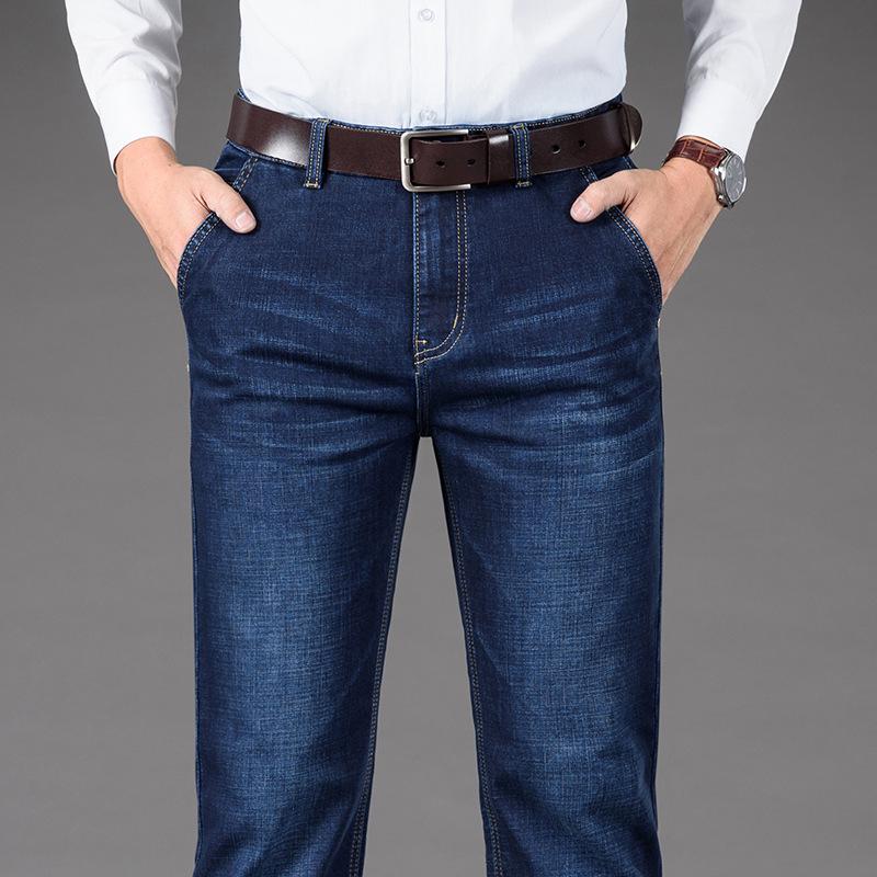 

Мужские джинсы прямого кроя с высокой талией и косыми карманами для осени/зимы — повседневные, большого размера, универсальные для людей среднего и пожилого возраста. 32 синий