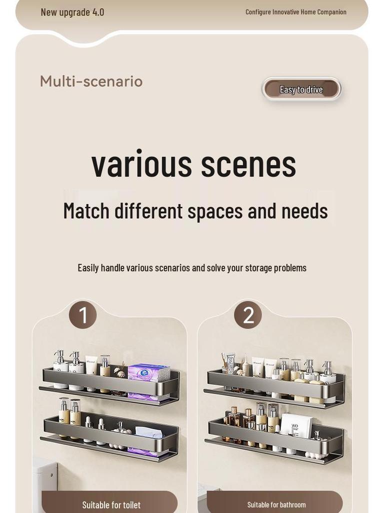 Luxuriöses wandmontiertes, lochfreies Badezimmerregal mit Haken & Stange