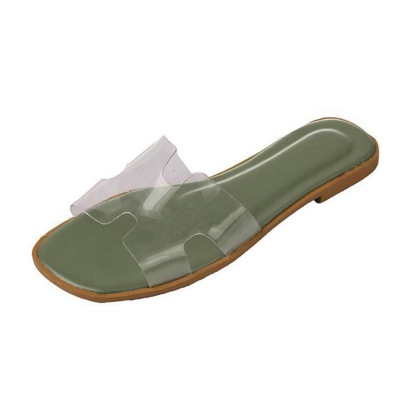 Summer new women's shoes one word fashion Korean version transparent jelly cool slippers flat bottom women's square head slippers women