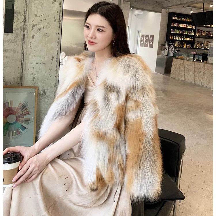 

Новая зимняя экологически чистая шуба из лисьего меха, топ, роскошная имитация меха, цельная кожа солнечной лисы, шуба средней длины для женщин XL естественный