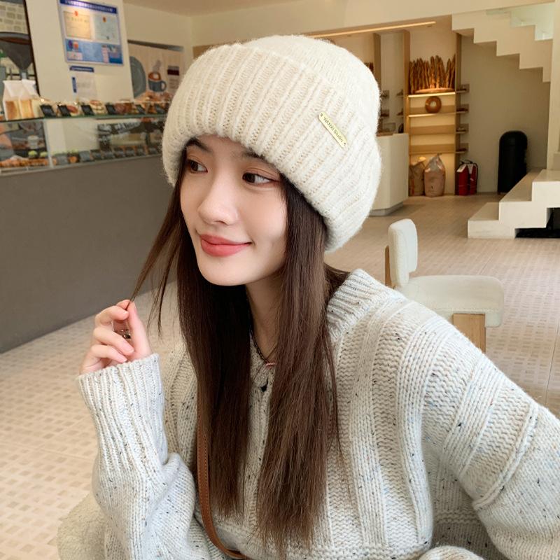 Wool wool hat women's autumn and winter tide metal standard knitted cold hat versatile loose thickened warm stack hat