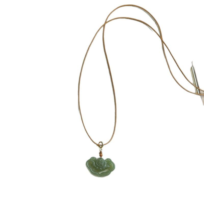 Natural Hetian Jade Lucky Lock Pendant Necklace Women Men Hand Carved Cloud Ruyi Motif Wax Cord Chain Daily Wear