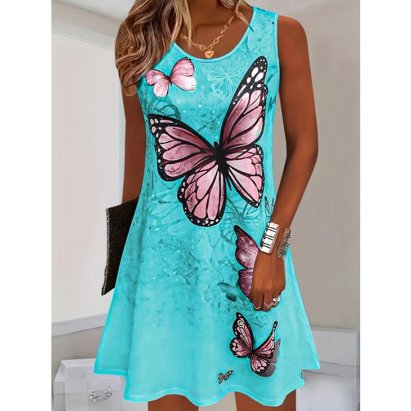 [Directional Style] Summer Women's Fashion Butterfly Print Sleeveless Vest Dress Round Neck Casual Dress Loose Dress Women's Clothing