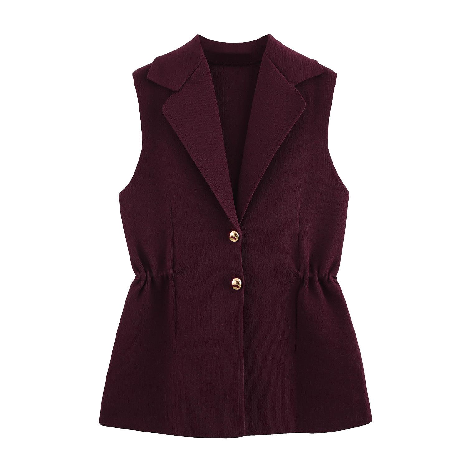 

Весна 2025 Женский Европейский и Американский Стиль Вязаный Жилет Без Рукавов с Воланом на Лацкане Medium красный