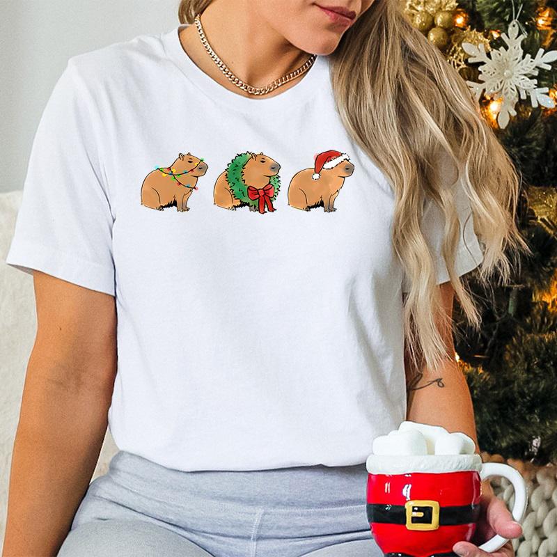 Merry Christmas Capybaras Print Women Fashion Casual Tshirts Capybara Kawaii Cartoon Tee Capybaras Lover Christmas Gift Tshirt