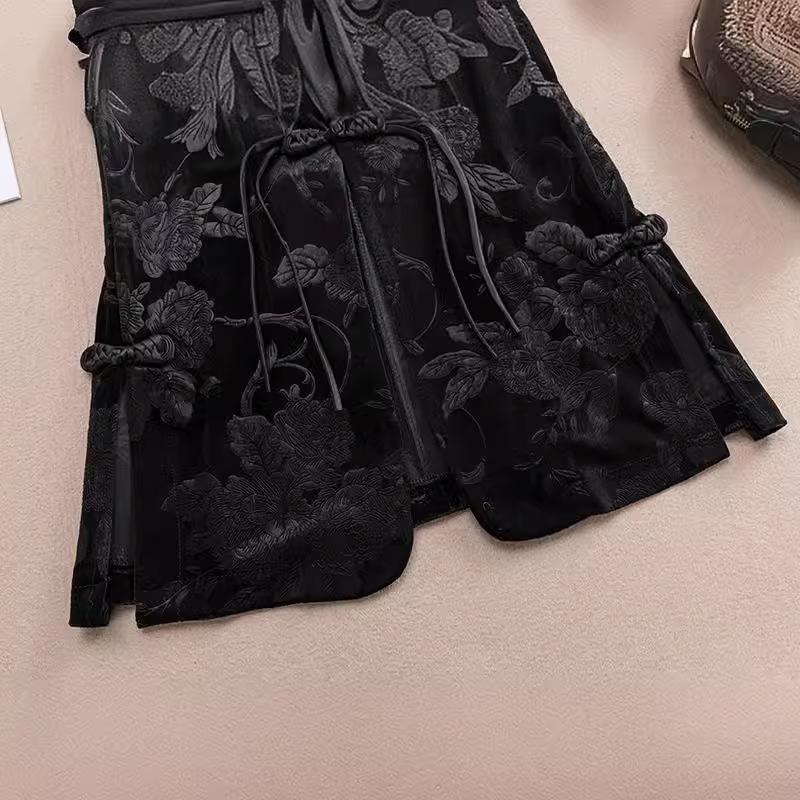 Women's Retro Gold Velvet Frog Button Vest - Black Sleeveless Waistcoat, Spring 2024