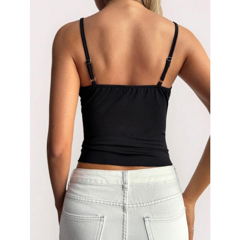 Women Lace Trim V Neck Spaghetti Strap Fitted Crop Cami Top