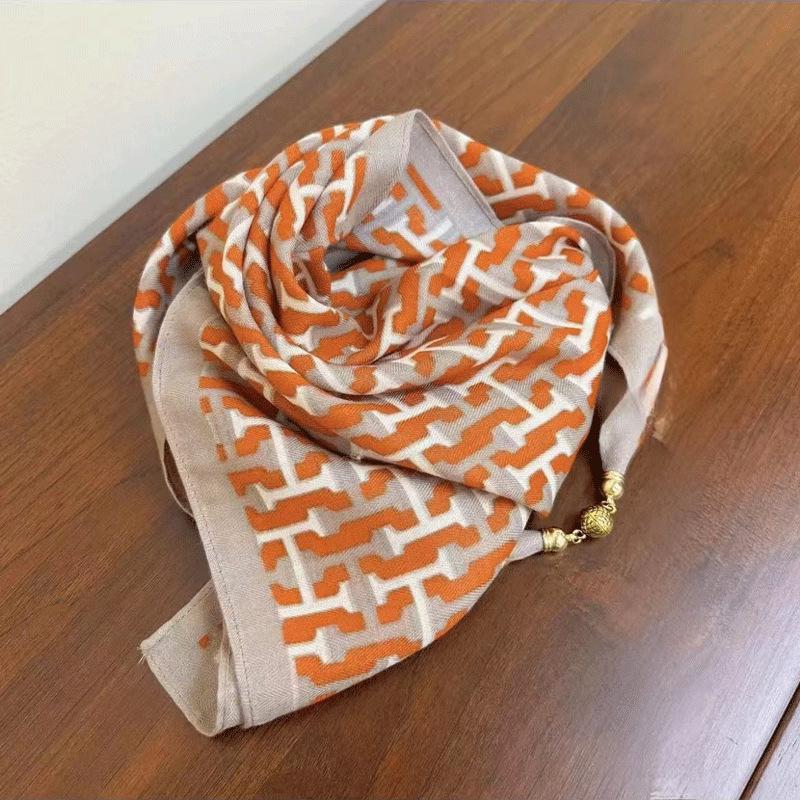 Autumn/Winter Silk Cotton Scarf with Magnetic Buckle - Versatile, High-end Neck Warmer