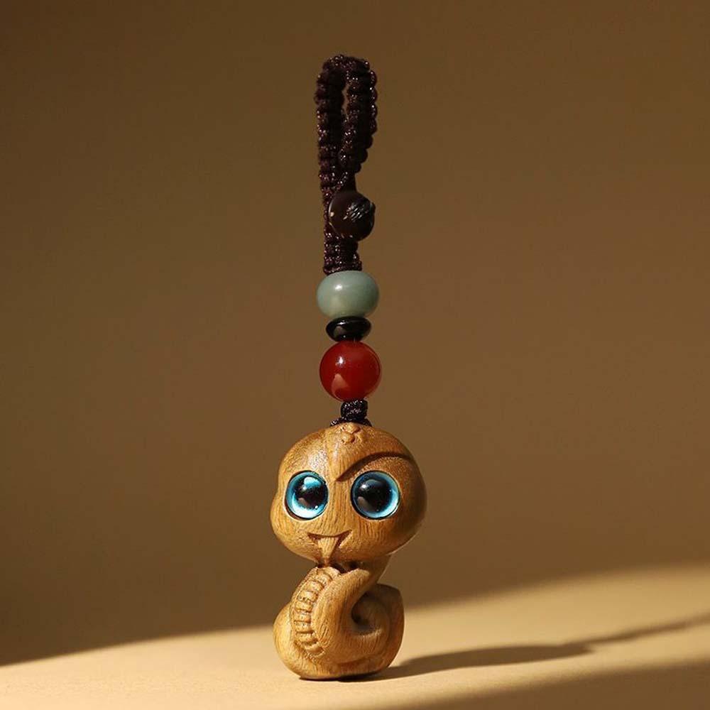 Cyan Eyes New Year Carved Pendant Mini Green Sandalwood Phone Chain Ornament Gifts