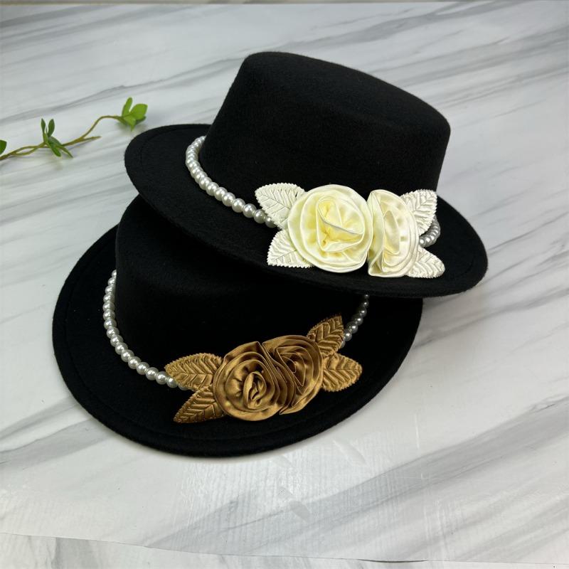 Elegant Pearl Flower Bridal Flat Top Hat For Lady