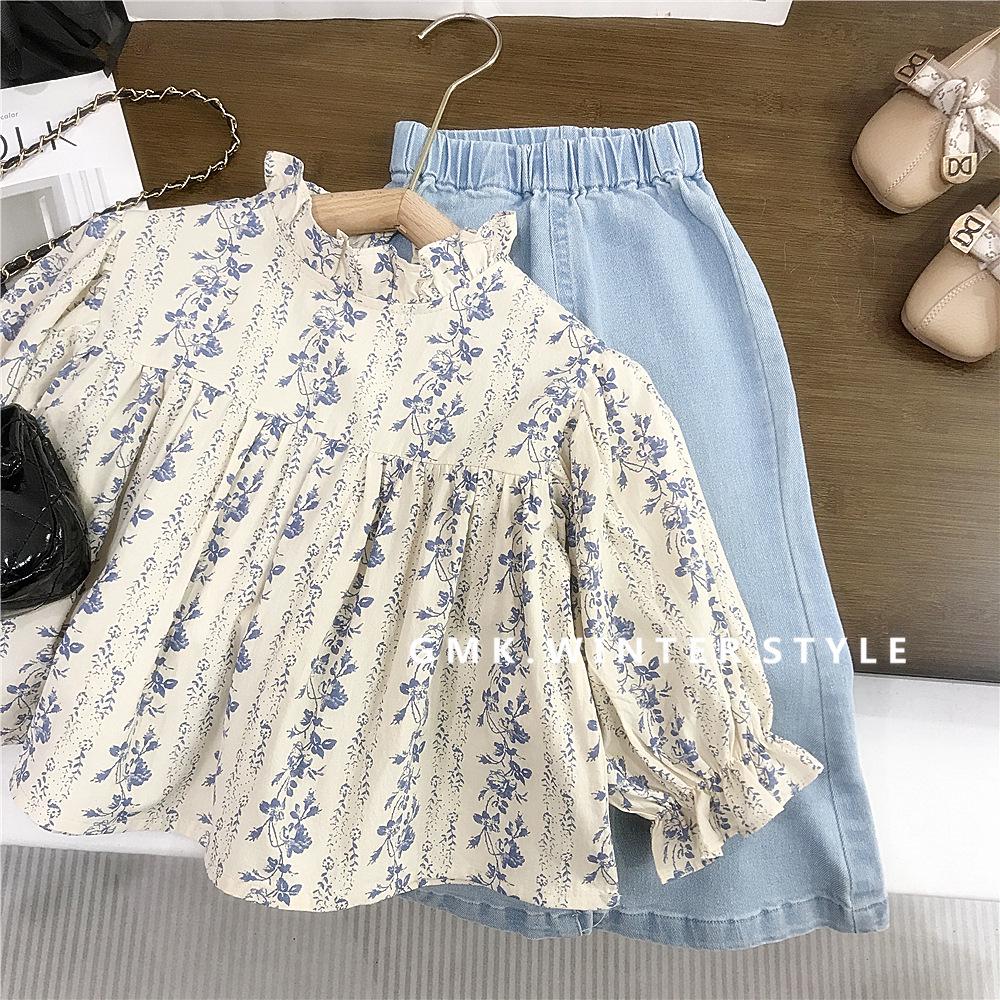 Korean Girls' Floral Blouse & Denim Flare Pants - Baby Doll Spring/Autumn Outfit