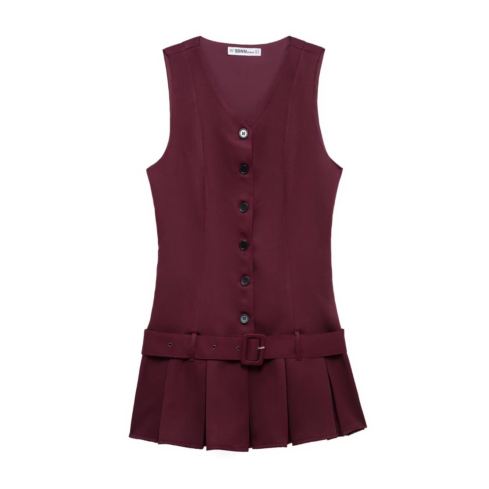 

ZARZ DIY Женское классическое модное универсальное плиссированное короткое платье в европейском и американском стиле Small (S) бордовый