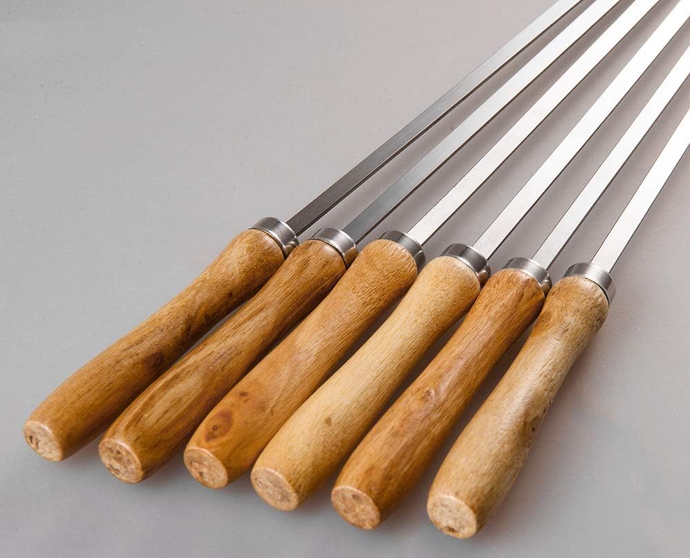 IMEEA BBQ Skewers, Stainless Steel Skewers with Wooden Handles, 42cm, Set of 6, for Camping and Outdoors