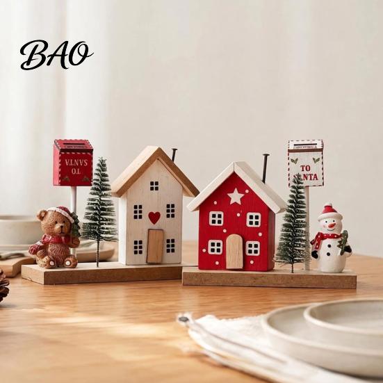 Christmas Showcase Display Mini Village House Figurine, Winter Scene Ornament with Snowman Hand Painted Wood Town Bear & Mailbox, Nordic Style Desktop