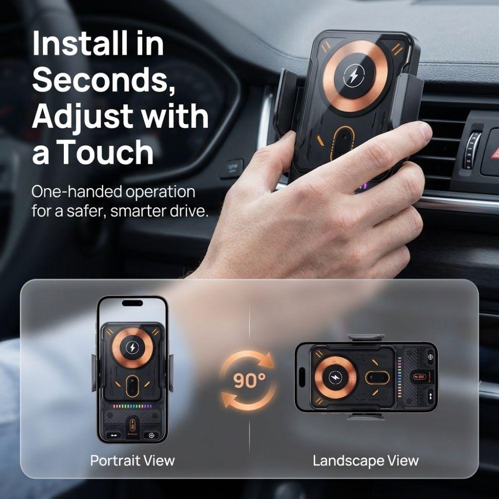 Black Car Phone Mount 15W Fast Charging Vent Clip Phone Mount Universal Car Phone Holder