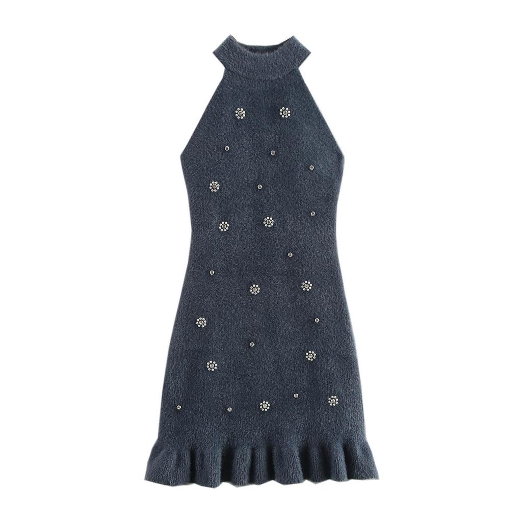 Women's Beaded Halter Neck Sleeveless Dress - 2024 Autumn/Winter Fashion Style