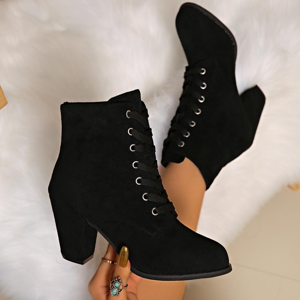 Women's matte short boots lace-up thick heel autumn and winter large size fashion versatile ankle boots solid color high heel spot Martin boots