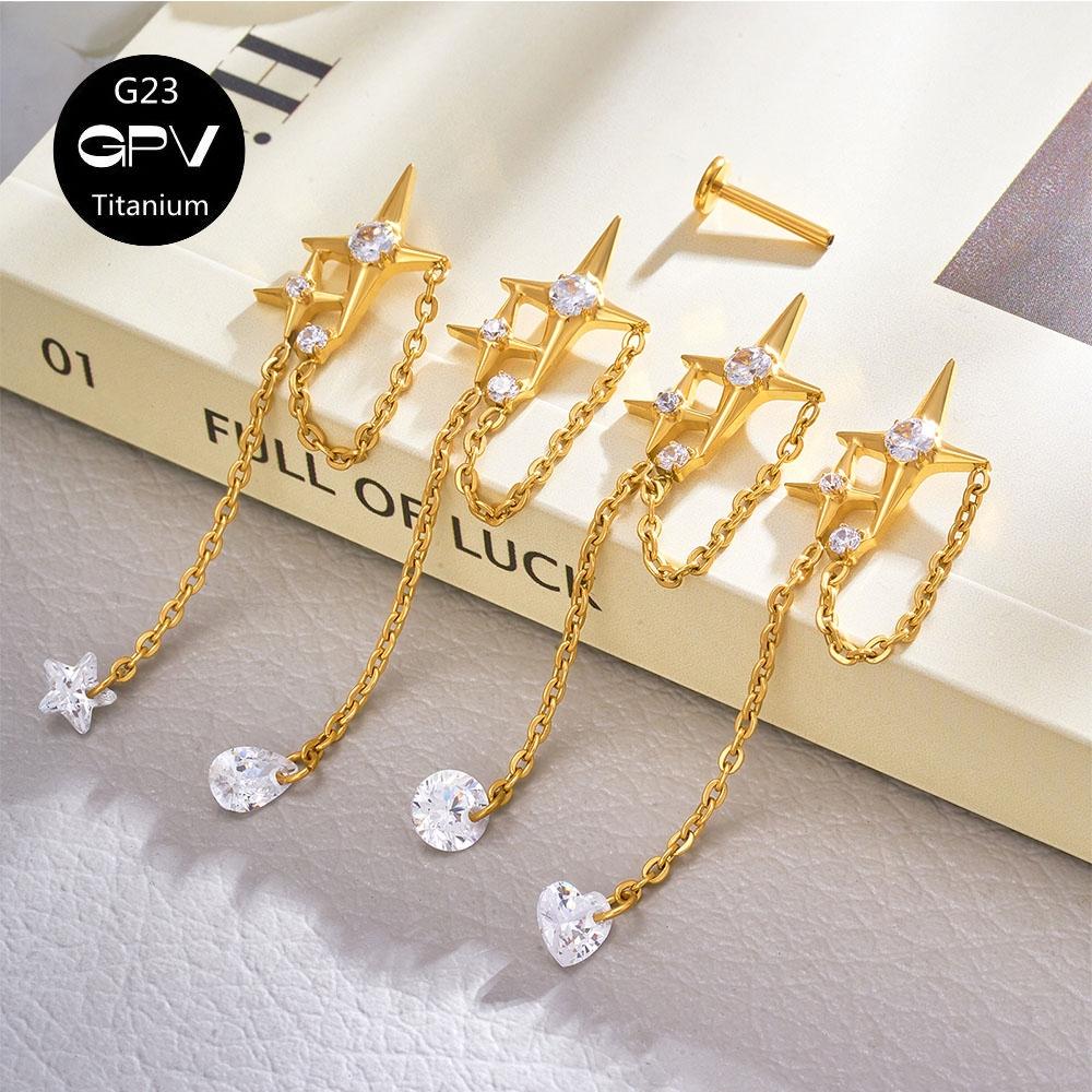 G23 F136 Titanium Star Ear Cartilage Nail Chain Pendant Cross 5A Zircon Earnail Women's Perforated Zircon