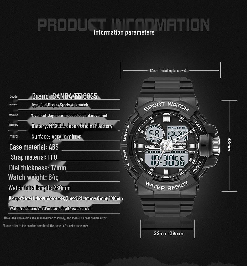 SANDA Men's Outdoor Sports Luminous Waterproof Dual Display Multifunctional Electronic Watch