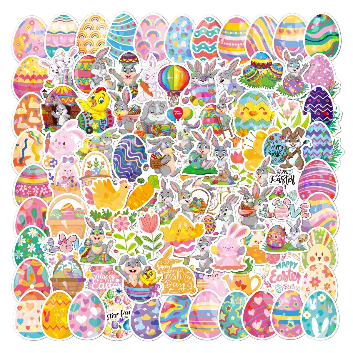 

100 Sheets Cute Egg Rabbit Laser Sticker Laptop Luggage Skateboard Graffiti Stickers Toy for Kids Easter Theme Party Favors Gift