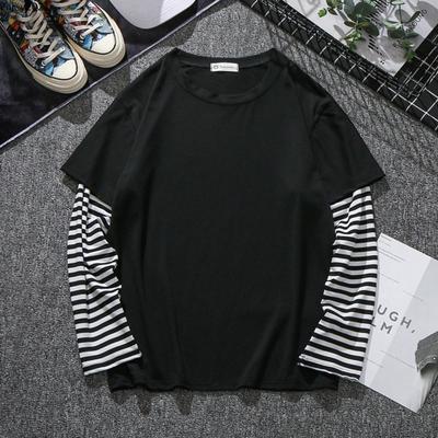 Unisex Fashion Stripes Uomo/Donna baju maglietta lelaki Manica lunga Girocollo Falso due T-shirt 2 colori Tinta unita Bianco e nero