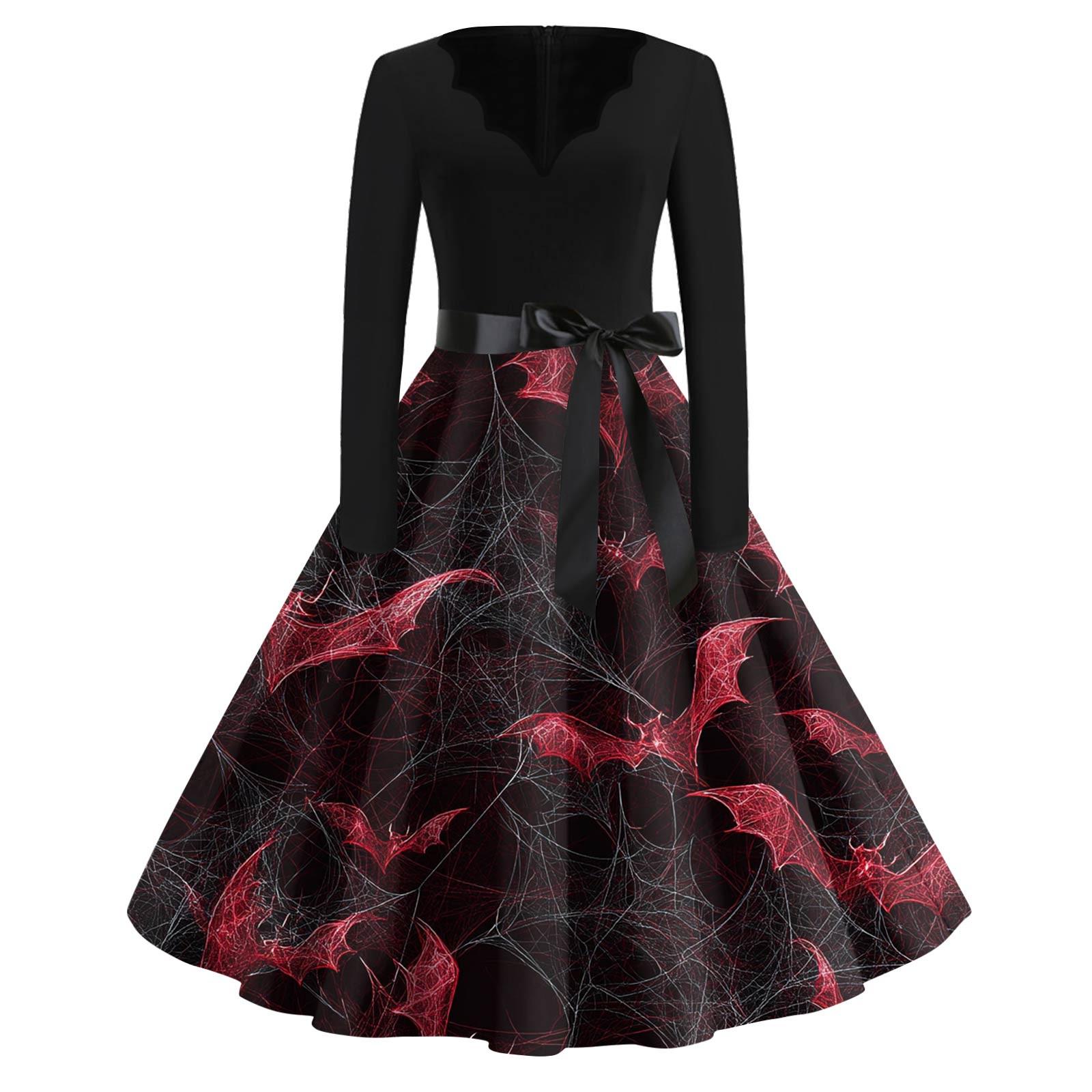 Women s Fashion V-Neck Casual Slim Halloween Printed Long Sleeve Dresses XL