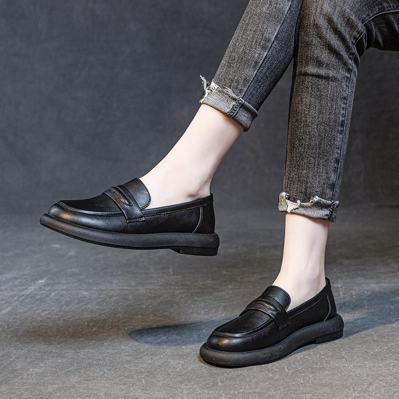 2025 Spring and Autumn New Single Shoes Cowhide Handmade Foot Cover Round Head Lazy Versatile British Style Retro Small Single Shoes Soft Sole
