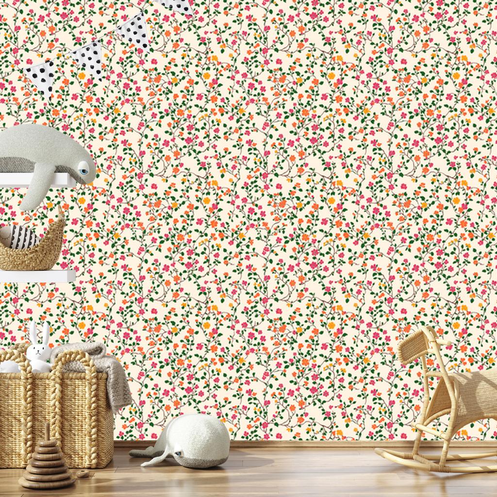 Wallpaper Small Flowers Cream, Beige and Lime for Living Room and Bedroom 50x1000