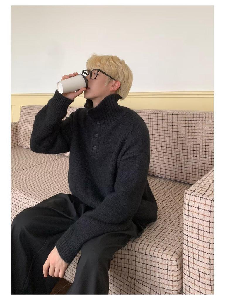 Men's Korean-Style Half-High Collar Textured Knit Sweater - Loose Fit for Autumn/Winter