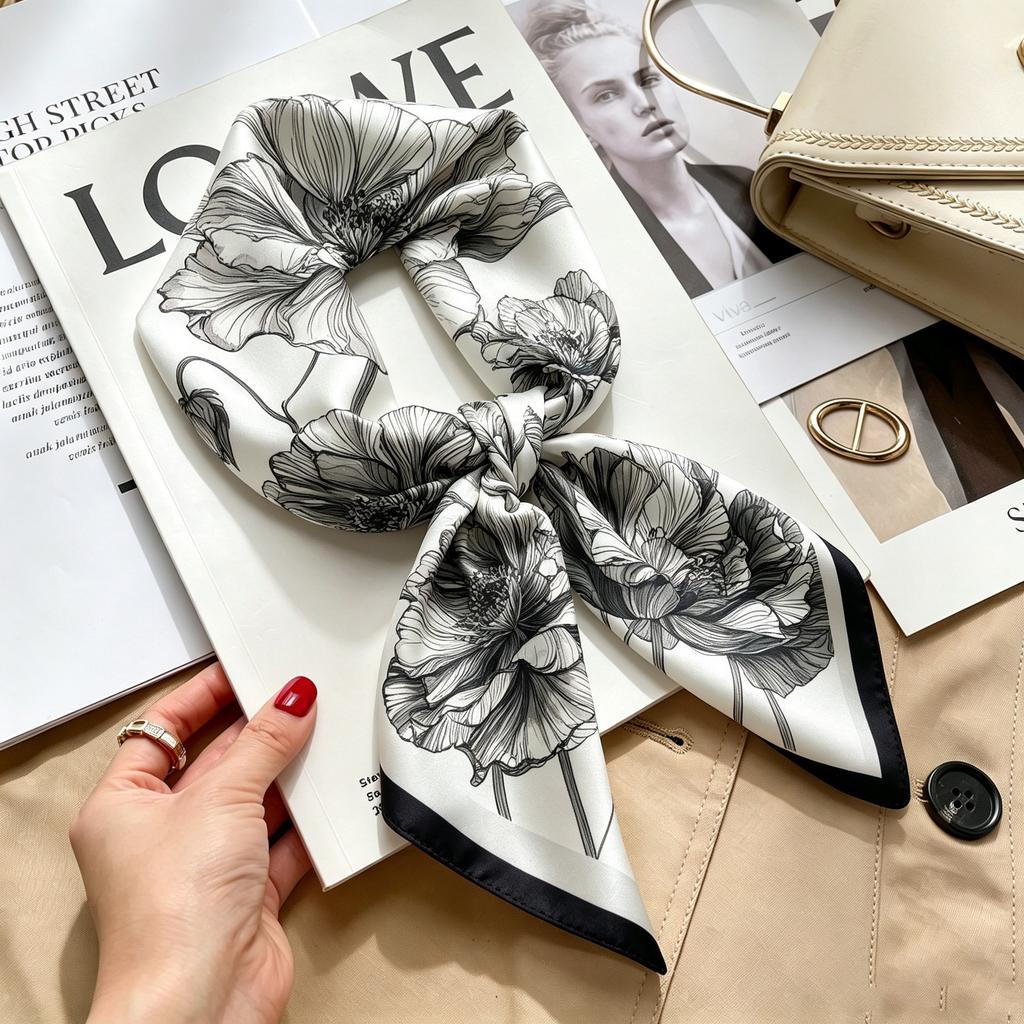 Autumn and winter Maillard cashew square scarf silk scarf women's shirt versatile neck small scarf tied hair decorative scarf