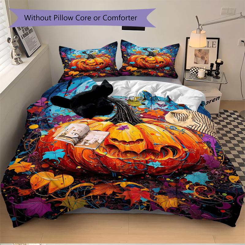 3pcs Colorful Pumpkin Lantern Print Bedding Set (1 Cover + 2 Pillowcases, Without Inserts), This Printed Bedding Set is Soft and Comfortable