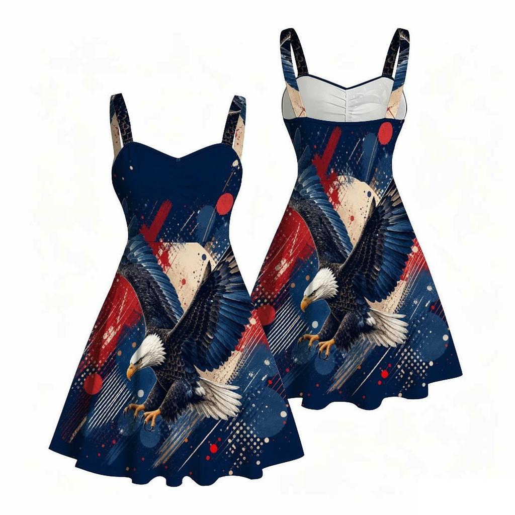 Women Plus Size Square Neck Sleeveless Strappy Dress American Eagle Flag Printed Fitted Waist Flared Hem