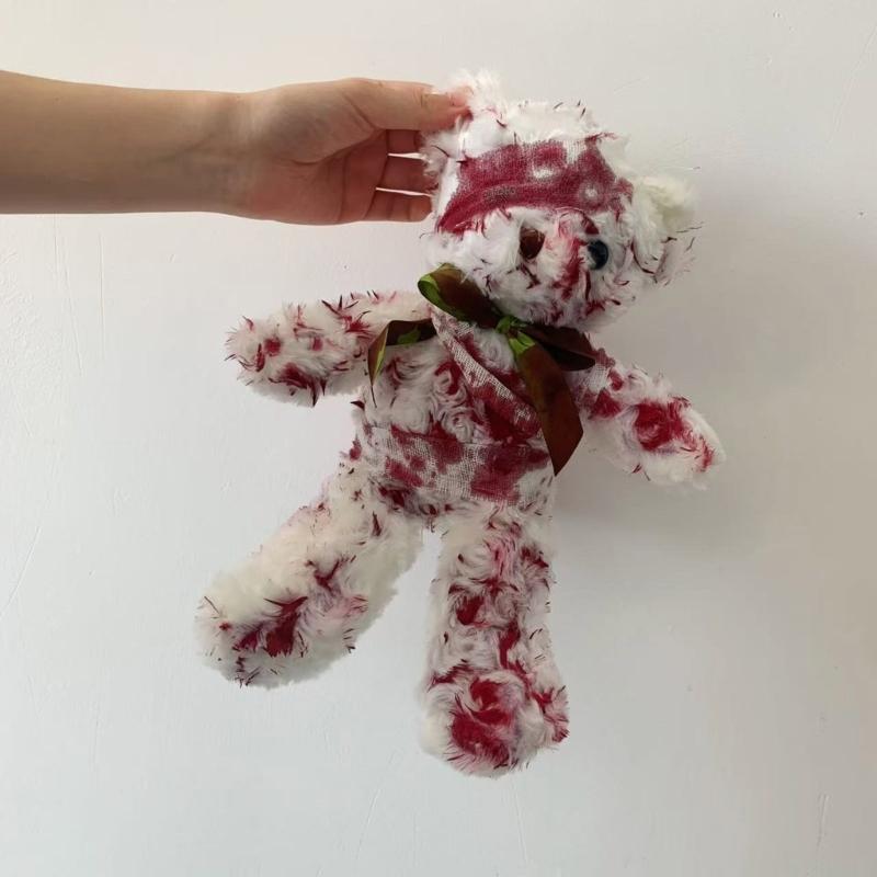 Bloody Damaged Bear Doll with Realistic Wounds PP Cotton Texture for Gothic Themed Event and Spooky Home Displays