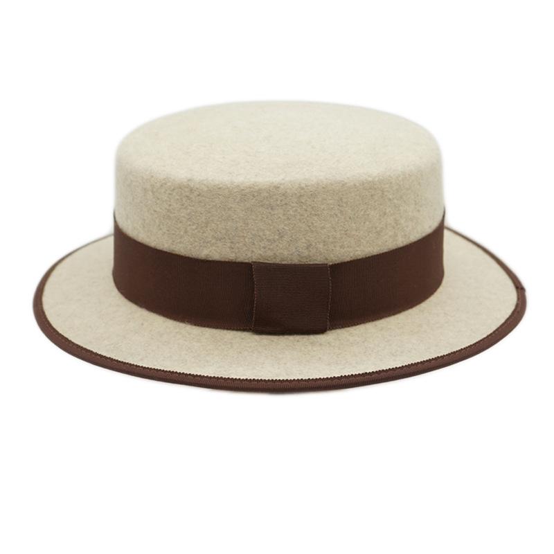 Maillard Style British Retro Japanese Korean Version Beige Wool Hemming Flat Top Top Top Hat Men'S And Women'S Autumn And Winter Felt