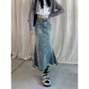 Plus Size Retro High Waist Fishtail Denim Skirt with Tassel - Mid-Length A-Line for Spring & Autumn