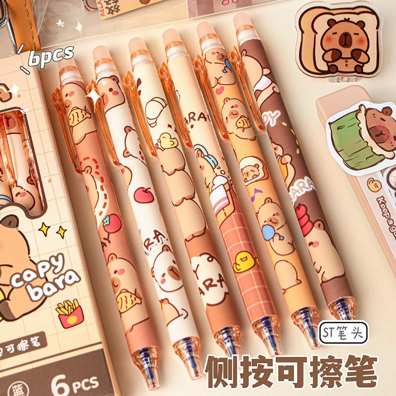 6Pcs Cute Capybara Gel Pens Kawaii Pen Set Quickly-Drying Blue Erasable Pens Office School Supplies Kawaii Aesthetic Stationery