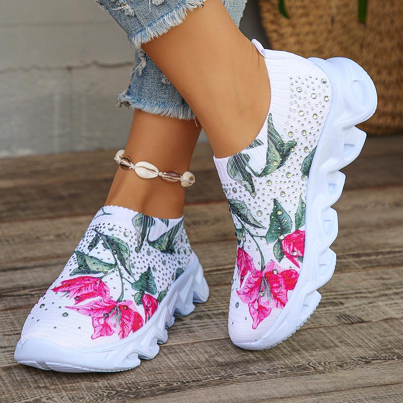 Flower Breathable Knitted Flats Women  Autumn Comfort Soft Sole White Sneakers Woman Slip-On Flat Heels Platform Sport Shoes