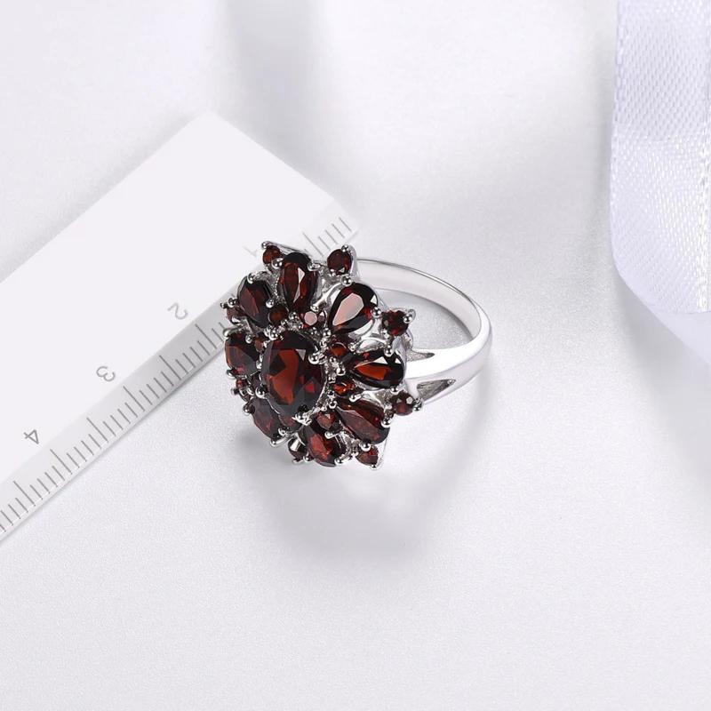 Hot Sale Classic Silver Color Inlaid Garnet Red Zircon Flower Shape Ladies Banquet Ring   Whole Sale
