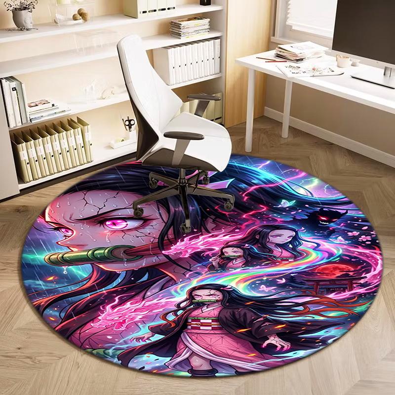 Classic Japanese-style Cartoon Demon Slayer Round Rug, Home Soft Decorative Anti-slip Yoga Mat and Chair Mat, Outdoor Floor Mat Carpet K27