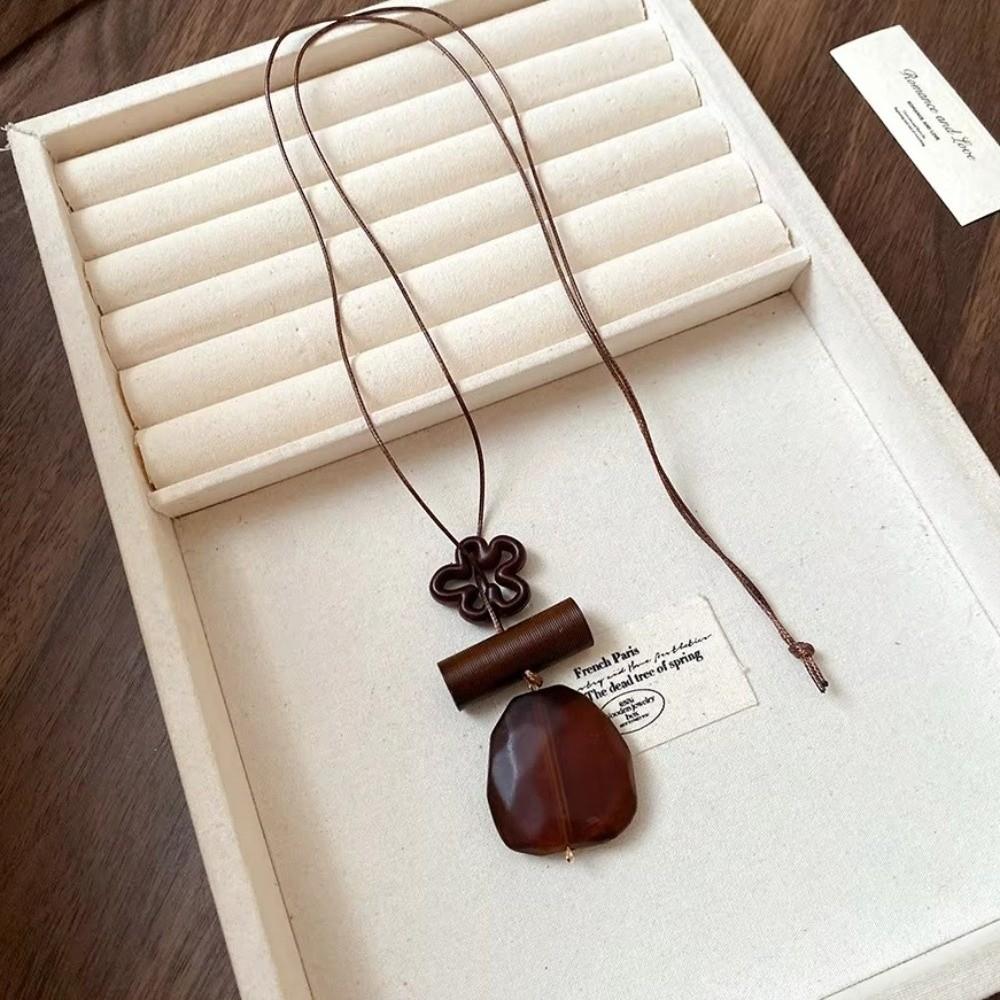 Hollow Heart Geometric Pendant Necklace Adjustable Rope Long Chain Resin Necklace Vintage
