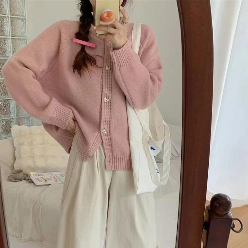 

Свитер женский свободный топ с длинными рукавами однотонный вязаный кардиган куртка One size розовый