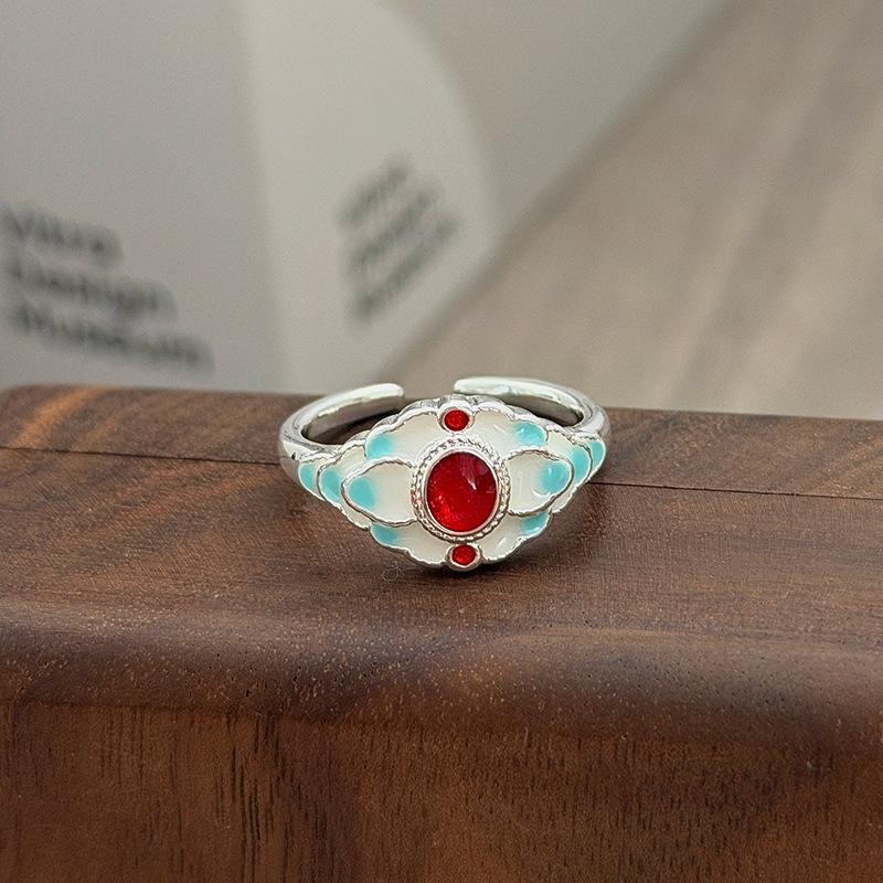 Niche High-End Sweet Sister Country Tide Style Colored Enamel Flower Retro Pattern Open Ring Stacked With Personalized Ring