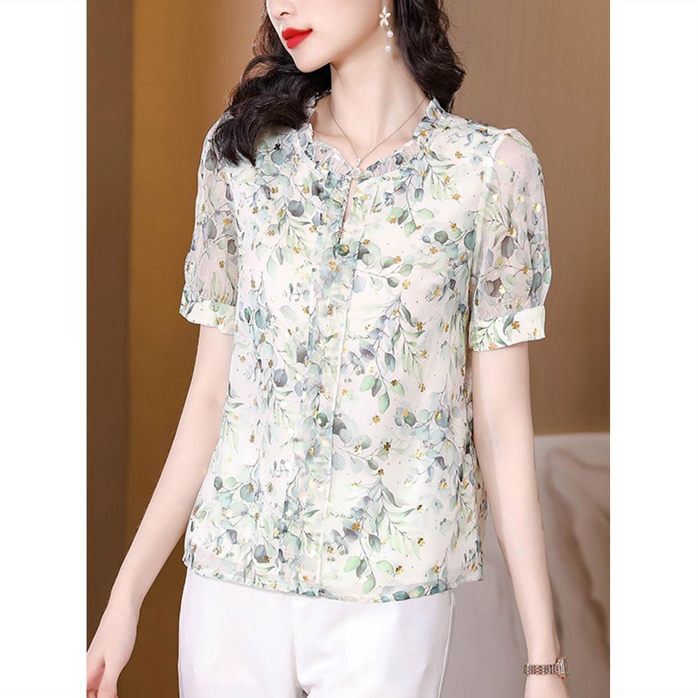 Mom's Short Sleeve Floral Chiffon Shirt Women's Summer New Loose Causal V Neck Thin Top